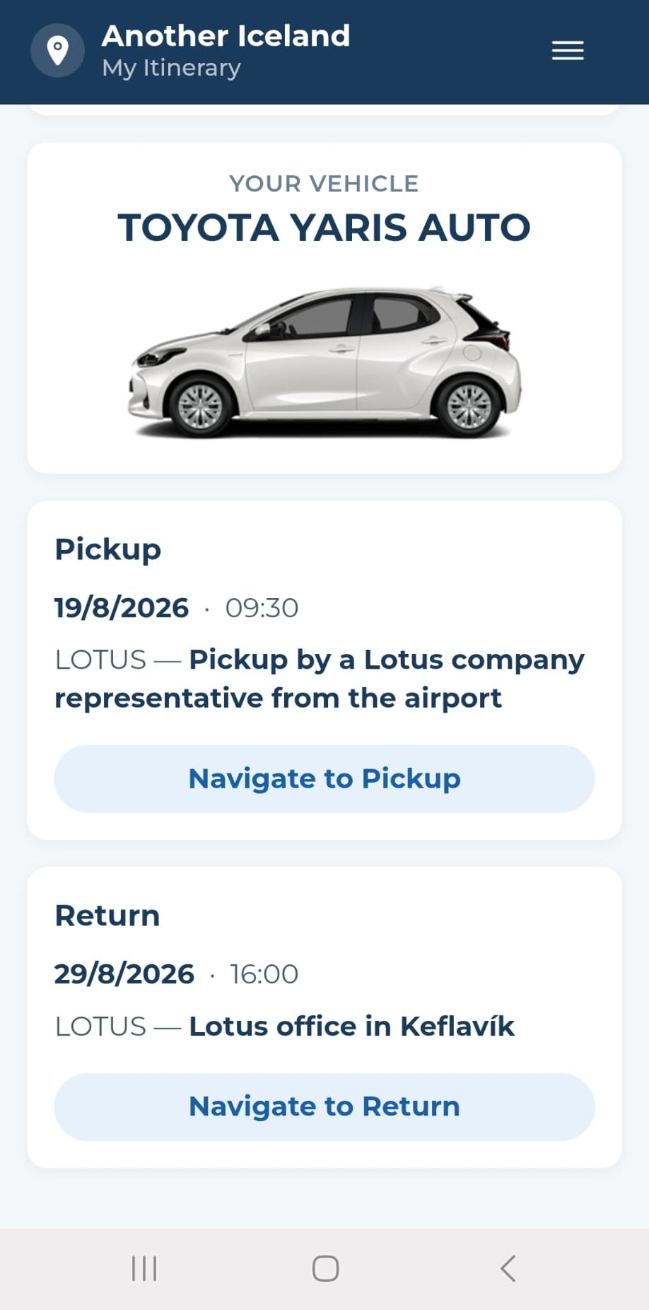 Car rental screen